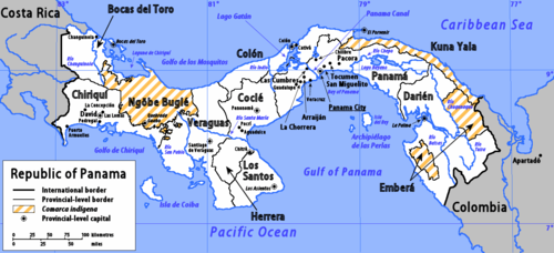 A map of Panama, showing the nine provinces and three provincial-level comarcas.