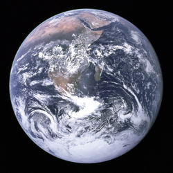 Africa in the Blue marble picture, with Antarctica to the south, and the Sahara and Arabian peninsula at the top of the globe