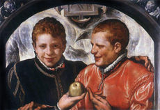 Two Young Men Ironic twist on the Christian symbology of the apple, here it is used by the painter as a sexual innuendo between two men. Crispin van den Broeck (Dutch), ca. 1590; Oil on panel; Fitzwilliam Museum, Cambridge.[1].